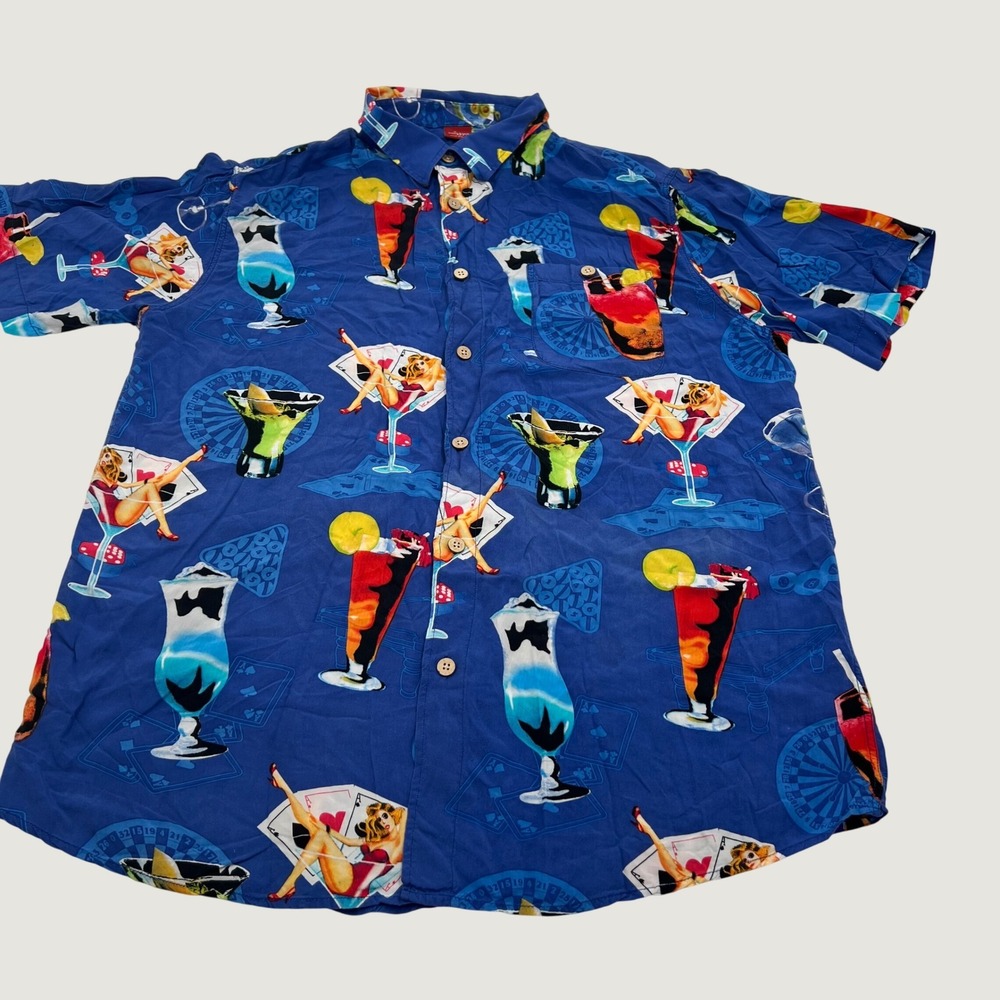 Junction West Mens XXL Casino Pin Up Cocktail Rayon Hawaiian Shirt Blue Retro - Picture 2 of 11